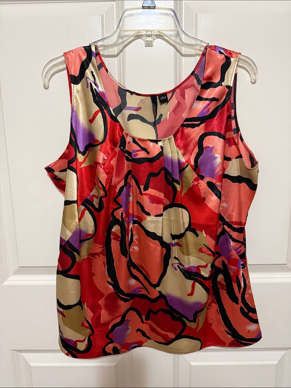 Essentials by Milano Abstract Floral Satin Camisole in Red, Gold and Purple